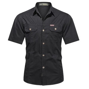 Camisa retro lavada antiarrugas con patrón liso de verano al por mayor para hombre de algodón de manga corta informal con cierre de botón cubierto - Product Image 6
