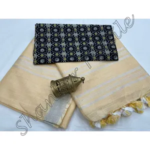 Etnik giysi parti giyim tasarımcısı Saree yumuşak pamuk keten baskı Saree pamuk bluz toptan fiyat yaz sezonu için Sari