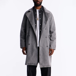 Gabardina de Hombre, Estilo Vintage de Lujo, Lavado Ácido, 100% Algodón, Chaqueta Larga de Mezclilla Cruzada, Cortavientos para Hombre - Product Image 1