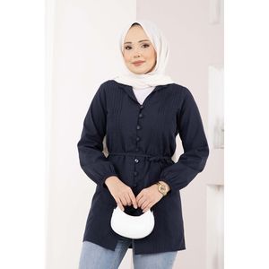 Camisa de Mujer Azul Marino con Detalle Acanalado y Cordones, Corte Holgado, Larga, de Algodón y Lino, Tejido de Punto, Estampado de Moda, Otoño-Primavera, con Botones y Logotipo - Product Image 2