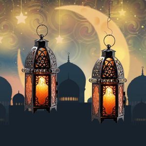 Lanterne hexagonale marocaine vintage en métal avec bougeoir de table suspendu en verre ambré pour la maison jardin noël décor de pâques - Product Image 3