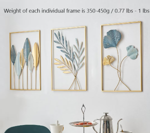 Feuilles de style personnalisé bleu or 3 décors de cadre rectangulaire Arts muraux en métal Chambre à coucher Panneau mural en fer artisanal fait à la main - Product Image 2