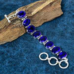 Pulsera bohemia de zafiro azul profundo, Plata de Ley 925, piedra preciosa facetada ovalada, regalo de joyería ajustable chapado en rodio hecho a mano - Product Image 6