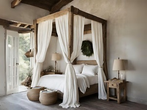 Rideau transparent moderne Boho rideaux de lit à baldaquin en lin blanc avec accessoires de traitement inclus draperie en lin à nouer - Product Image 1