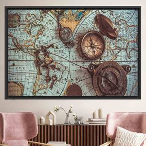 Impression sur toile de carte du monde antique : Art mural avec boussole en laiton, TOILE ENCADRÉE NOIRE - Product Image 1