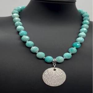 Piedra preciosa natural amazonita con cuentas CZ colgante 18K chapado en oro mosquetón cierre collar - Product Image 2