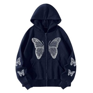 Sudadera con capucha y cremallera completa para mujer con estampado de mariposa gótica, Sudadera con capucha de manga larga con patrón Vintage con bolsillo, sudadera de liquidación - Product Image 3