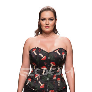 Corset vintage rouge imprimé champignons en satin, haute compression, avec baleines en acier, sculptant le corps, fabricant de corsets - Product Image 1