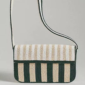Elegante Bolso de Hombro con Cuentas en Verde Oscuro y Crema para Mujer, Bolso de Noche Rectangular Pequeño con Cuentas, Bolso de Mano con Diseño - Product Image 1