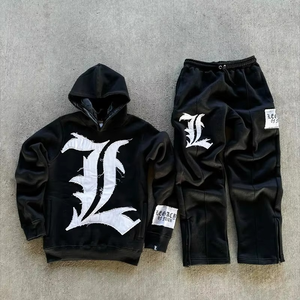 Conjunto de pantalones de chándal y Sudadera con capucha de pierna ancha recta con parche bordado con apliques de diseño personalizado, chándales de algodón de peso pesado para hombre - Product Image 1