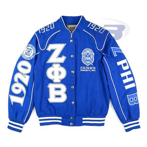 Chaqueta Bomber Azul de la Hermandad Zeta Phi Beta, con Letras Griegas Bordadas, Estilo Universitario, Ropa Urbana Unisex - Product Image 1