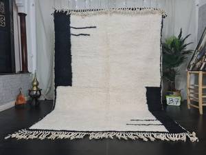 Handmade Moroccan Beniourain Abstract Rug Black and White Sheep Wool Carpet Berber Area Rug with High <b>Pile</b> Height - Product Image 5