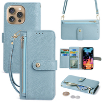 Étui de téléphone portable de luxe mains libres en TPU+cuir PU avec sangle pliable, fentes pour cartes et bandoulière pour la série 16 Pro