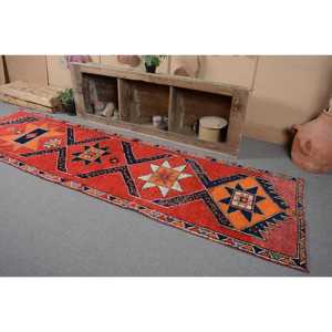 Vintage <b>Runner</b> Rug 3.1x10.6 ft, <b>Red</b> Polka dot Turkish Wool Rug - Product Image 3