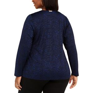 Top plissettato stampato Michael Kors da donna, taglie forti XXL, in chiffon blu, con collo alto e decorazioni a bottoni, stile western, corto - Product Image 2