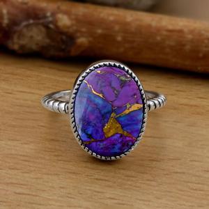 แหวน925ทองแดงเทอร์ควอยซ์สีม่วงทำด้วยมือสีเงินสเตอร์ลิงประดับด้วยเพชรทรงรีตัดเป็นของขวัญแต่งงานหรือปาร์ตี้ที่สมบูรณ์แบบสำหรับผู้หญิง - Product Image 1