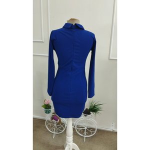 Kadin Uzun Kollu Yakali <b>Kravatli</b> Kisa Ithal Krep Elbise, 38439 - Saks Mavi - Product Image 6