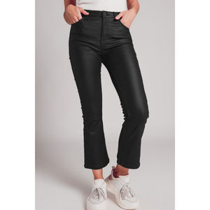 Women's Stretch Faux Leather Flare Pants in Black High Waist Wide-Leg Worn-Colored <b>PU</b> with Formal Pattern Casual Style <b>Leggings</b> - Product Image 1