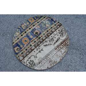 Classique Bleu Beige 2.4 X 2.4ft Vintage Tapis Turc À La Main Patchwork Conception Laine Bambou Soie Latex pour Salon Couloir Rectangle - Product Image 2