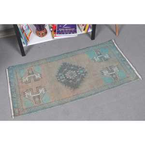 Alfombra Turca Vintage Pequeña de 1.6x3.3 pies, Alfombra Azul Ikat de Lana - Product Image 2