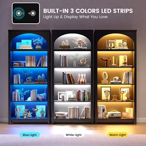 Libreria in Legno Illuminata con Arco Superiore, Scaffale Espositivo Aperto, Organizzatore per Casa, Ufficio e Negozio, Alta Libreria Nera - Product Image 4