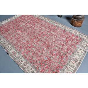 Tapis turc vintage 5.7x9.4 pieds laine rouge beige grande surface avec motif patchwork pour couloir ou chambre à coucher latex soutenu - Product Image 4