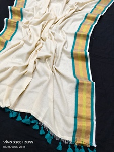 Sari de Seda/Algodón OFFWHITE con Borde de Zari, Ecológico, de Secado Rápido, Peso Medio, Estilo Liso para Vestido de Niña o Boda - Product Image 4