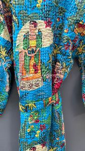 Blue Frida Khalo Kantha <b>Quilted</b> <b>Jacket</b> Comfortable Floral <b>Pattern</b> Winter Robe for Night Wear Beach Wear or Dressing Gown - Product Image 3