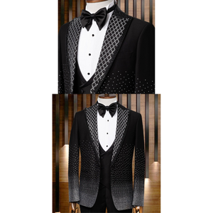 Costume de mariage élégant pour homme en 80 % laine, coupe ajustée, orné de strass, pour événements formels, avec braguette spéciale en laine peignée - Product Image 6