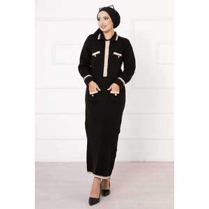 <b>Button</b> Detailed <b>Black</b> Knit Modest <b>Dress</b> Garnished Design - Product Image 5