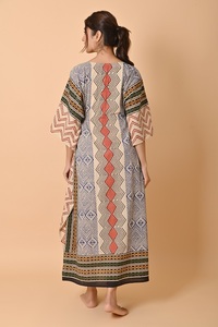 High Quality Cotton Block Print <b>Kaftan</b> Dress Modest <b>Long</b> Maxi Handmade Floral Embroidery Loose Upto 54inch Wholesale Price - Product Image 5