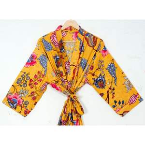 Floral Kimono Robe Japanese Style Hand Block Leaf Printed Pure Cotton <b>Cardigan</b> Stylish Thermal Wrap for Summer-for Night Gown - Product Image 3