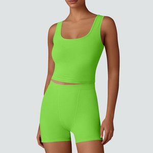 Combinaison de sport décontractée pour femmes, tenue vintage, déco, épaules tombantes, couleur unie, legging court, soutien-gorge croisé, survêtement en toile douce délavée - Product Image 4