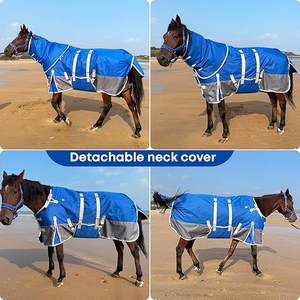 Manta para Caballo con Capucha, Peso Medio, para Invierno, Impermeable 1200D (Azul Gris con Banda, 78 pulgadas) - Product Image 4