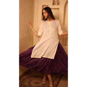 Conjunto de Kurta de Algodón en Color Marfil y Violeta, Manga Corta, Vestido Casual para Primavera/Verano - Product Image 1