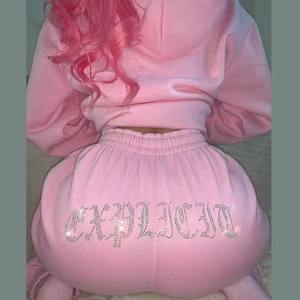 Gran oferta 2025, chándales con logotipo de diseño personalizado, pantalones de chándal con diamantes, y sudaderas con capucha para mujer joggers, conjunto de chándal con diamantes de imitación - Product Image 2