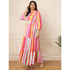 Vestido Maxi a Rayas con Capas para Mujer Tallas Grandes Deebaco, Cuello en V, Mangas Rectas 3/4, Cintura Natural, Estilo Bohemio Casual, Rayón, Corte A - Product Image 3