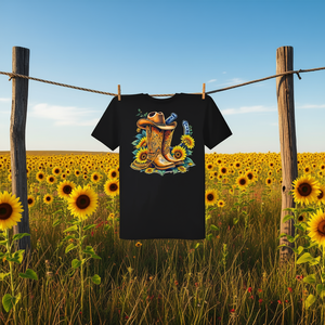 เสื้อยืดลายดอกไม้ธีมคาวบอยตะวันตก พร้อมลายเชือก หมวก ดอกทานตะวัน และเกือกม้า เสื้อยืดโปรโมชั่นลายดอกไม้ธีมคาวบอยตะวันตก - Product Image 3