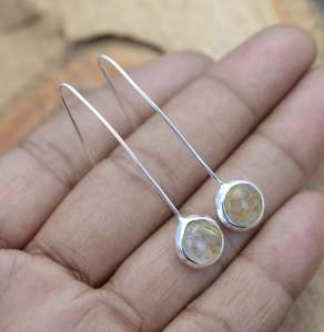 Boucles d'oreilles pendantes rondes simples et mignonnes en argent sterling 925 plaqué or avec rutile doré, bijoux faits à la main en pierres précieuses, cadeau pour femme - Product Image 6