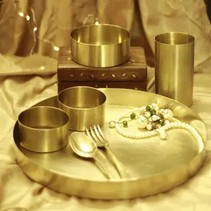인도 순수 청동 칸사 탈리 세트 식사 서빙 식기 인도 전통 칸사 청동 탈리 접시 그릇 숟가락 유리