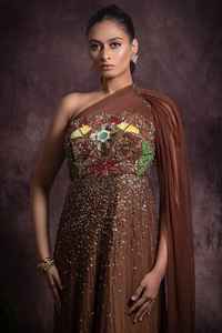 Robe de soirée formelle pleine longueur perlée en mousseline de soie florale gaine ajustée une manche taille naturelle taille libre soie lavable - Product Image 2