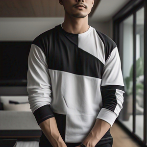 Camiseta de manga larga para hombre, camiseta de poliéster de algodón 100% con cuello redondo de varios paneles para hombre, camiseta de moda de estilo callejero para hombre - Product Image 1