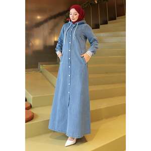 Manteau Abaya en jean côtelé à capuche bleu clair 19280 pour femme Mega Merchant – Veste et Trench-coat quotidiens modestes - Product Image 3