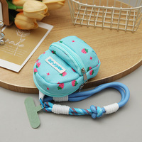 Tas Mini Sekolah Portabel Motif Stroberi dengan Logo Custom, Dompet Koin Lucu, Tempat Penyimpanan Earphone Bentuk Hati, Dilengkapi Gantungan Kunci dan Tali Lanyard