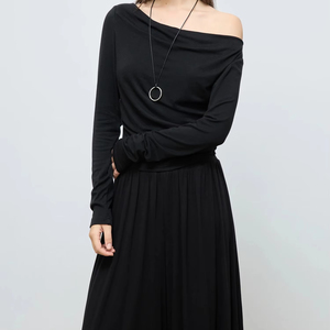 Top de verano 2025 para mujer, camiseta de lana de manga larga con cuello oscilante, camiseta negra ajustada - Product Image 2