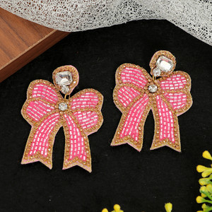 Boucles d'oreilles perle de rocaille arc rose strass Accent bijoux de mode boucles d'oreilles à la mode cadeau de fête élégant en gros - Product Image 1