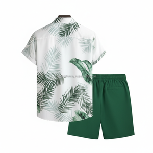 Conjunto Personalizado OEM con Estampado Tropical para Hombre - Camisa de Manga Corta y Pantalones Cortos con Estampado de Hojas de Palma Verdes, Conjunto de Verano de 2 Piezas - Product Image 3