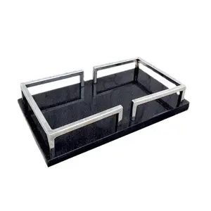 decorative shiny black marble tray with polished metal handle handmade metal and granite tray for home and kitchen deco use