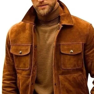 Veste de camionneur en cuir suédé marron classique avec boutons à l'avant et poches à rabat pour un style Streetwear décontracté et intelligent intemporel - Product Image 4