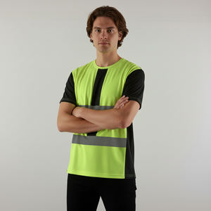 เสื้อยืดนิรภัยแขนสั้นผู้ชายแบบสะท้อนแสง 2 สี ผ้าโพลีเอสเตอร์ 100% มาตรฐาน ANSI Class 2 พร้อมไฟ LED กระพริบ - Product Image 5